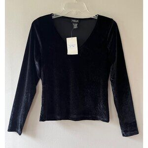 Willi Smith Sz S Black Velvet V Neck Long Sleeve Pullover Blouse Top.